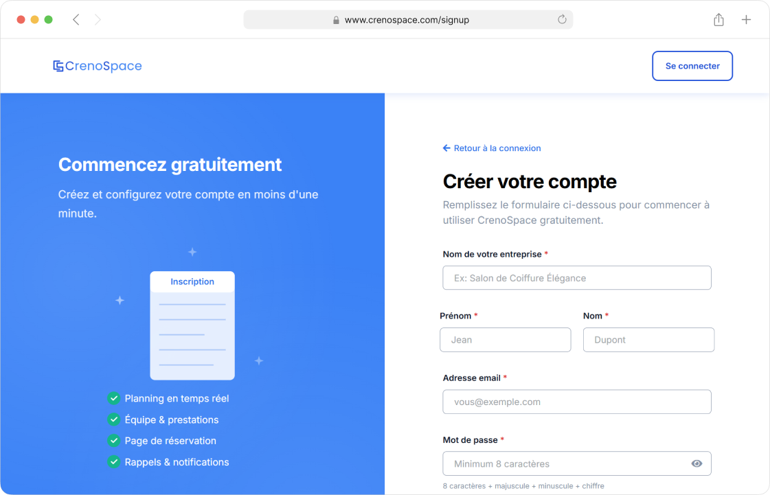Interface d'inscription CrenoSpace