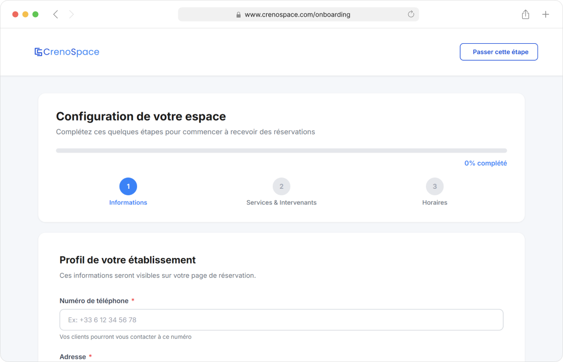 Interface de configuration CrenoSpace